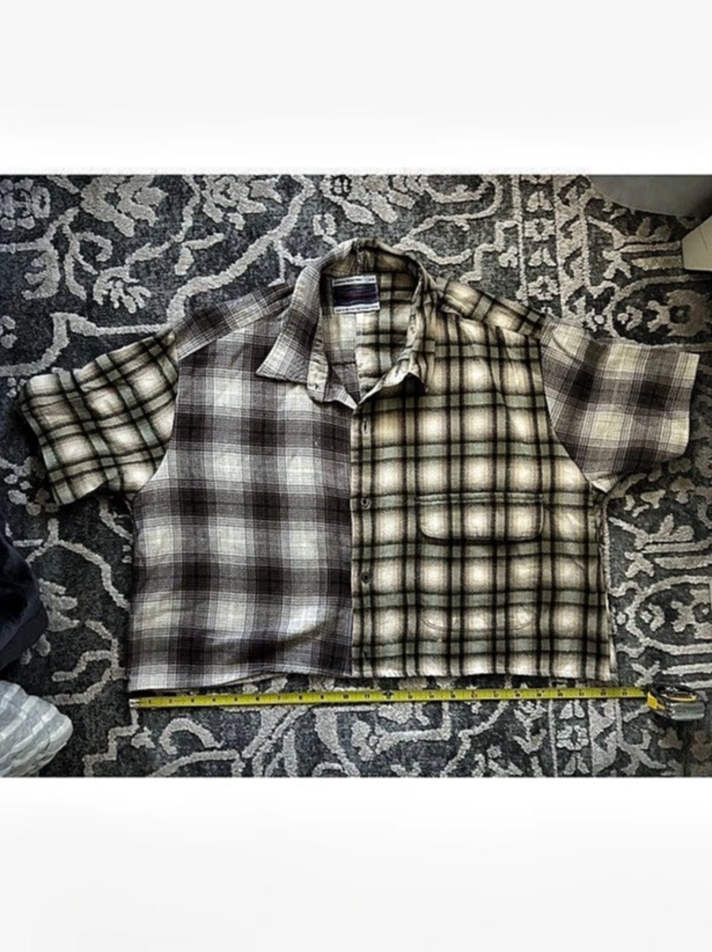 Urban Renewal Remade Spliced Plaid Short Sleeve Button-Down Shirt Green & Brown